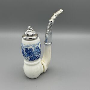 Vtg EMPTY Avon Blue White Dutch Pipe Shaped Glass Decanter Cologne Bottle 5.5” H